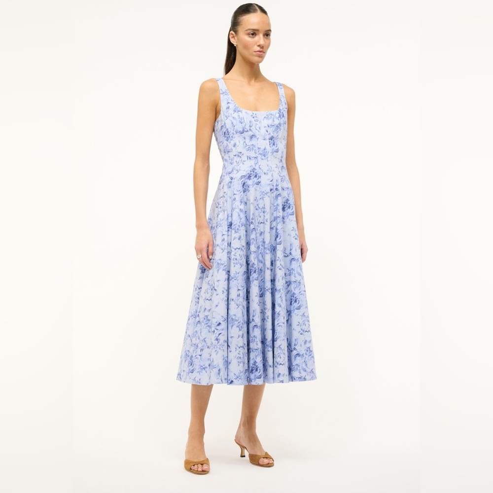STAUD Blue and White Floral Midi Dress